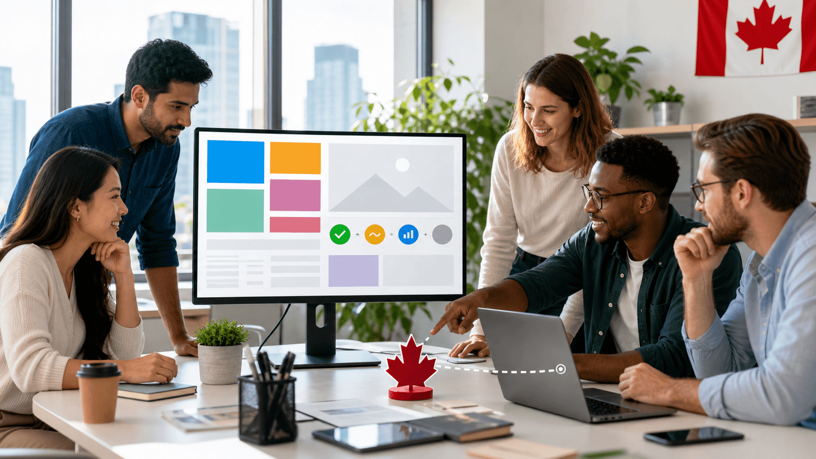 Laptop displaying SEO analytics beside a Canadian flag and magnifying glass on a blue digital background.