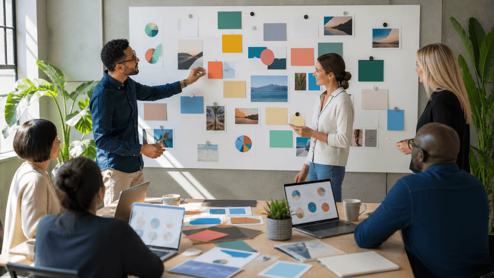 Digital marketing team reviews colorful charts on a laptop beside sticky notes in a bright modern office.