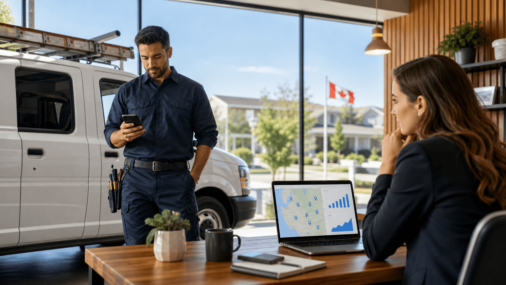Split-screen dashboard with map pins, declining call chart, and a contractor reviewing analytics in blue light.