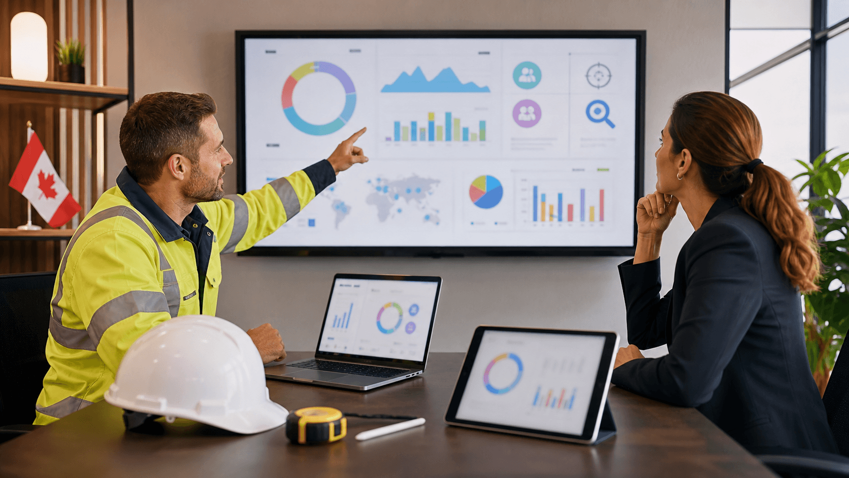 Blue dashboard with charts and KPI gauges over a contractor hard hat and clipboard on a light gray background.