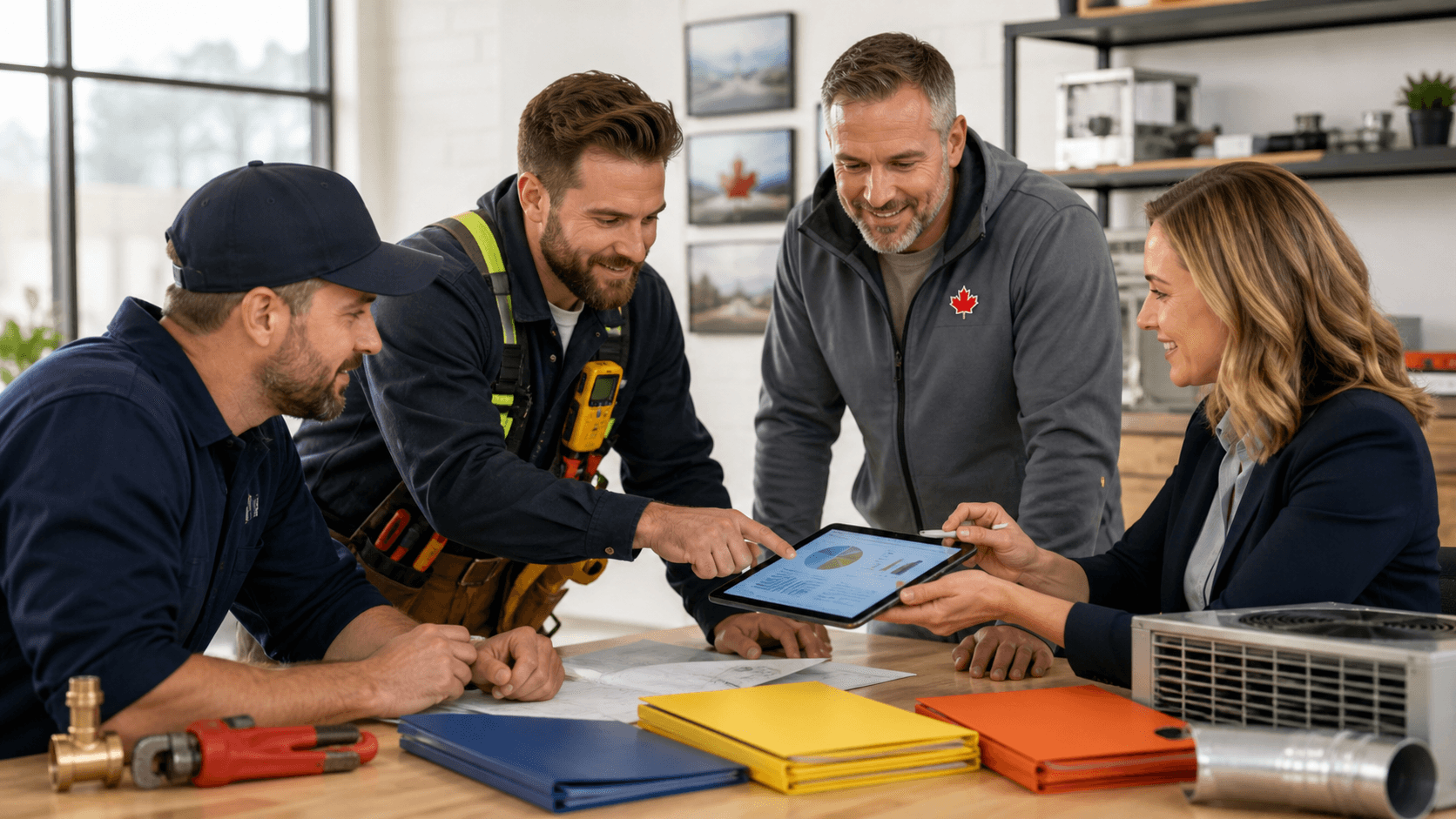 Canadian tradesperson in reflective gear reviews a glowing AI dashboard against a blue city skyline.