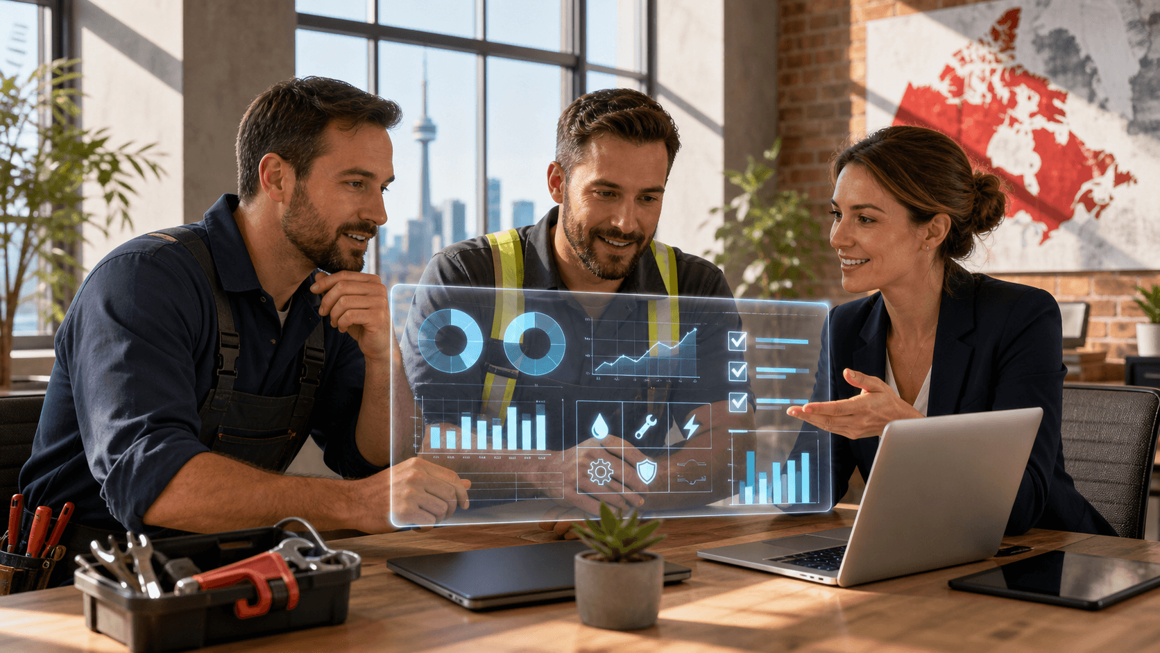 Blue-toned illustration of a contractor reviewing pricing charts beside a glowing AI interface and tool icons.
