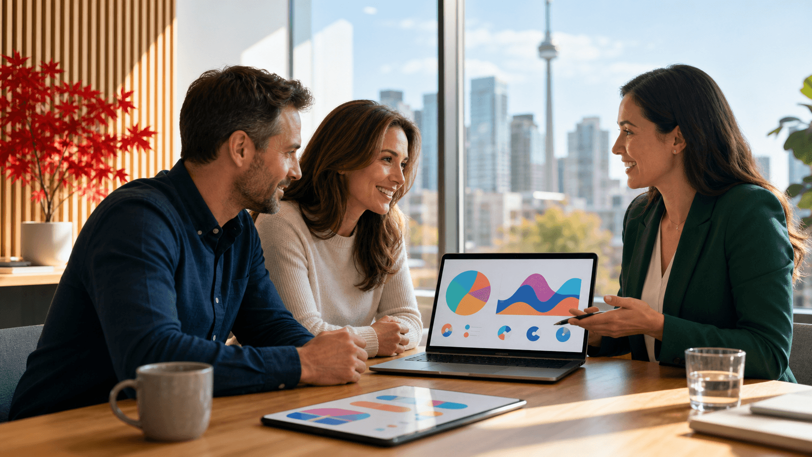 Small business owner reviews SEO charts on a laptop beside AI search icons in a blue-lit office.