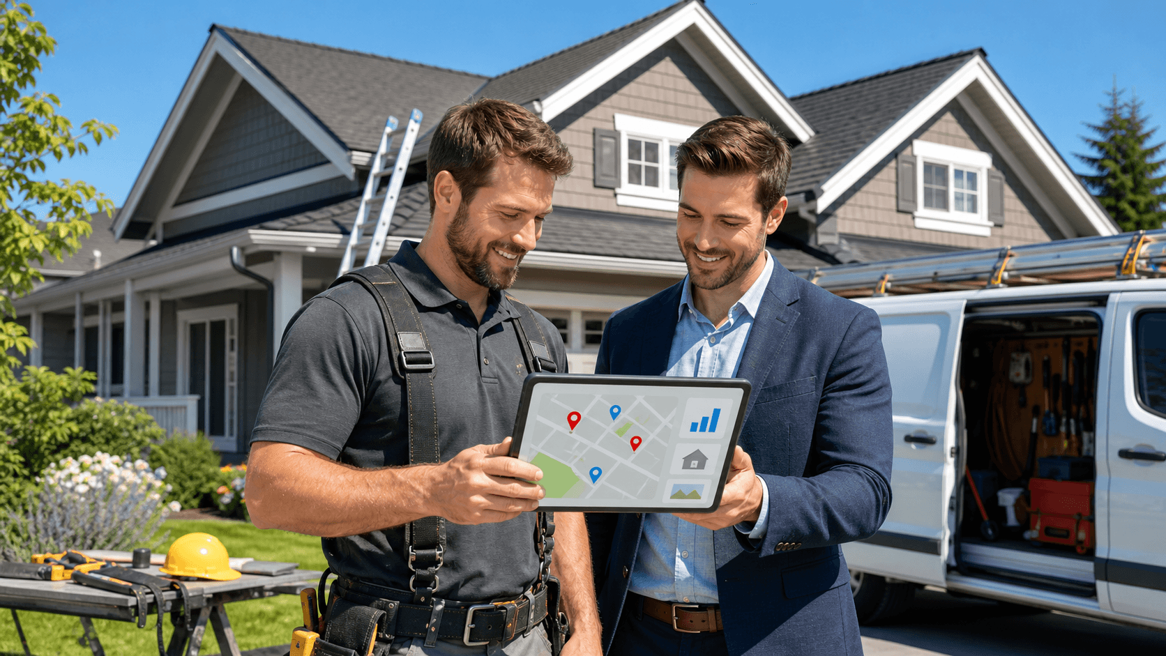 Contractor reviews a Google Maps listing on a laptop beside tools against a blue gradient background