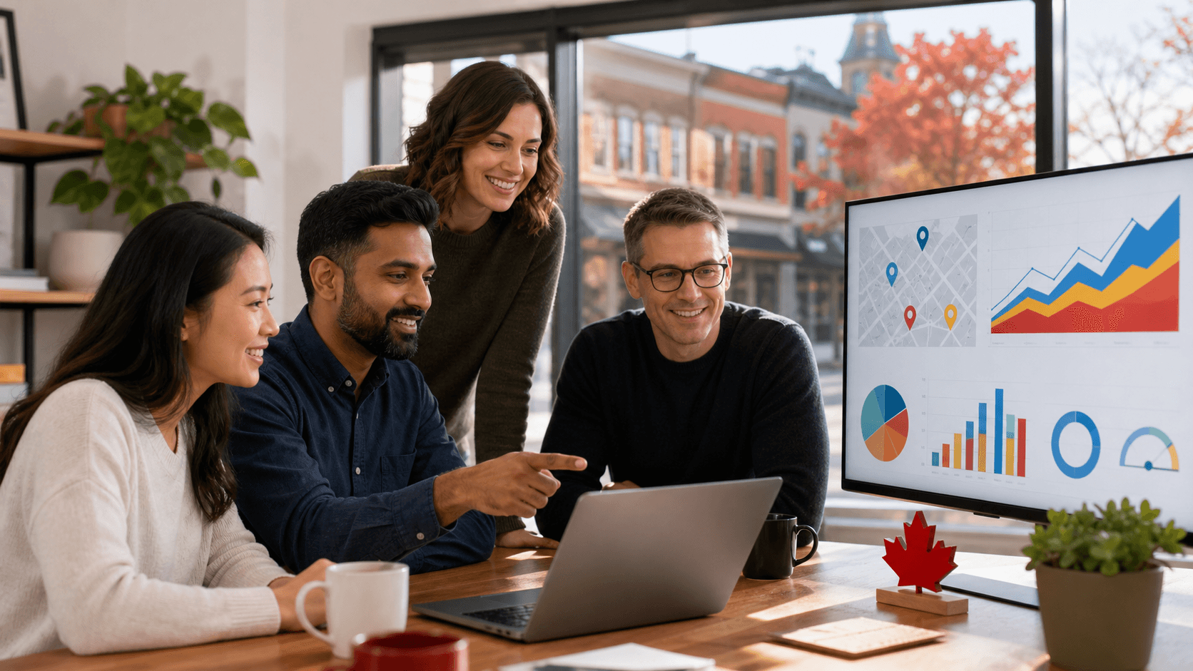 Blue digital map of Canada with glowing AI network nodes and a small storefront silhouette.
