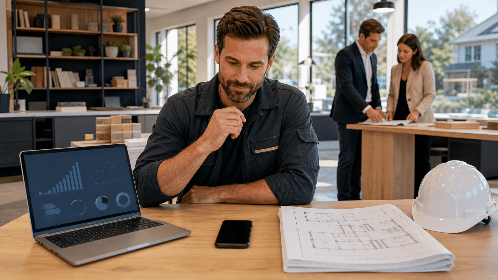 Split-screen illustration of a contractor comparing a laptop, agency chart, and office team in Canadian red and white.