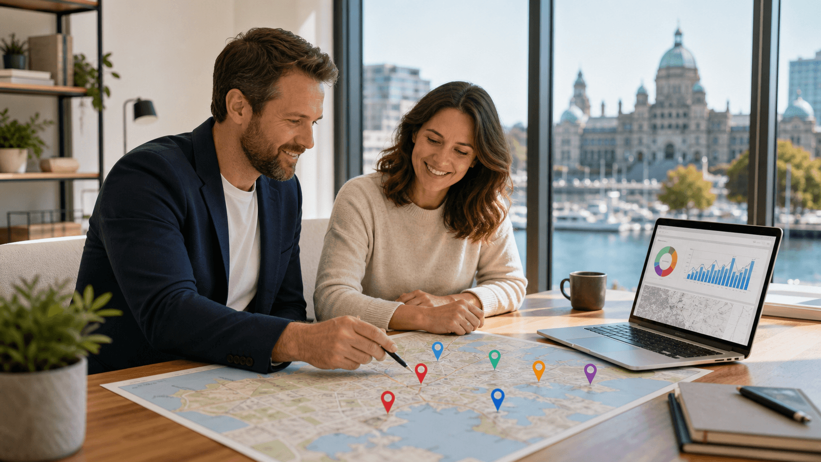 Stylized map pin over a blue city map with glowing search icons and layered digital interface elements