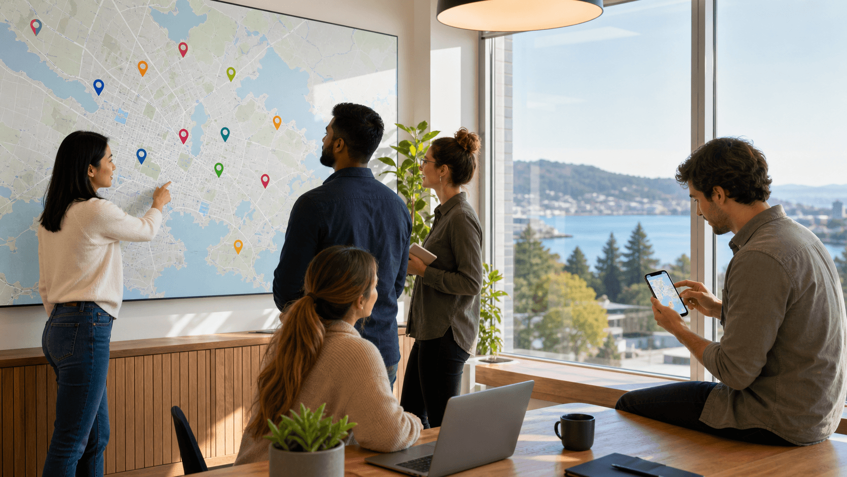 Glowing city map pins and search icons over a blue-toned Victoria skyline at dusk