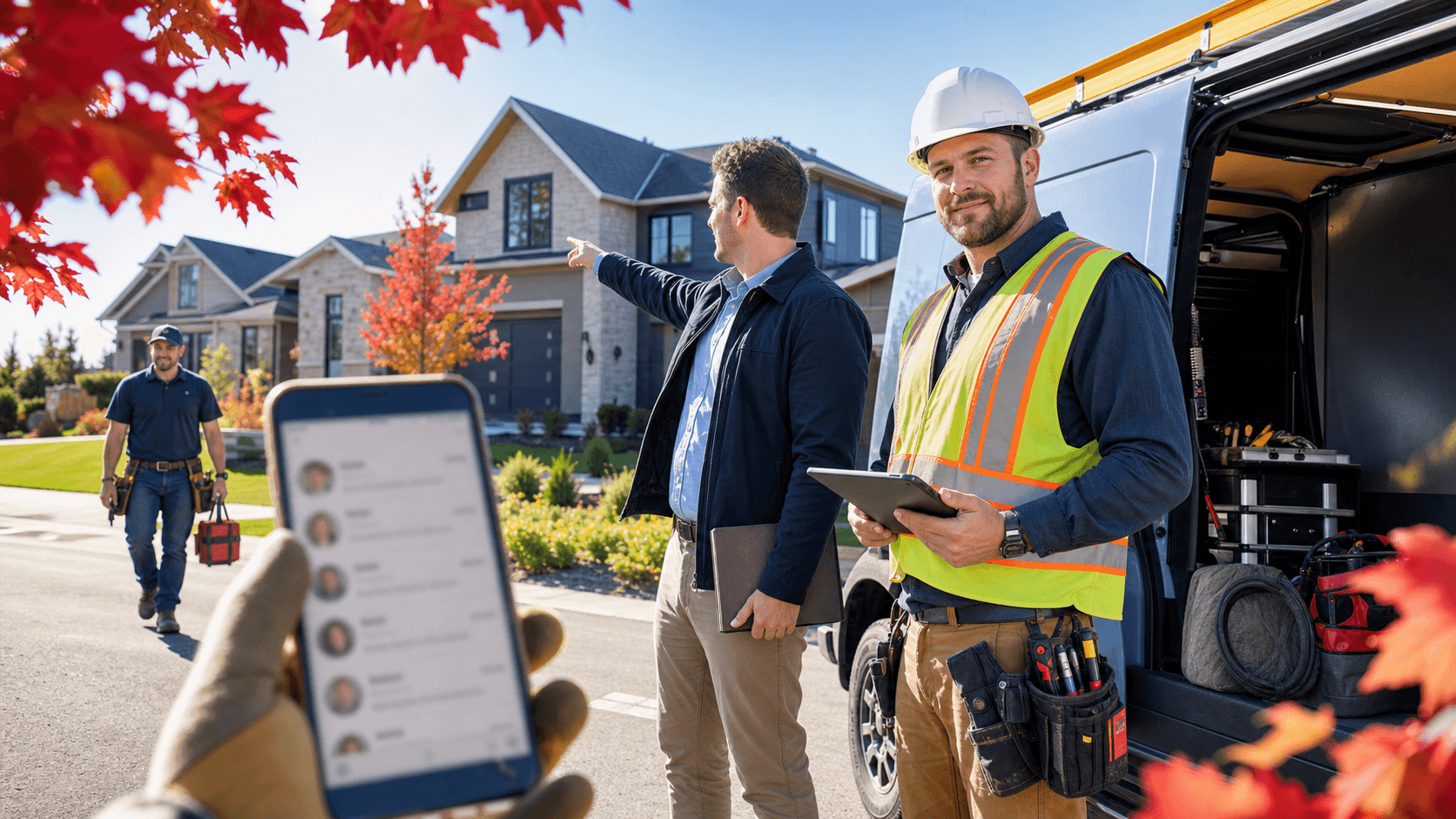 Blue-toned illustration of a construction worker in hard hat using a tablet beside floating AI search cards and icons.