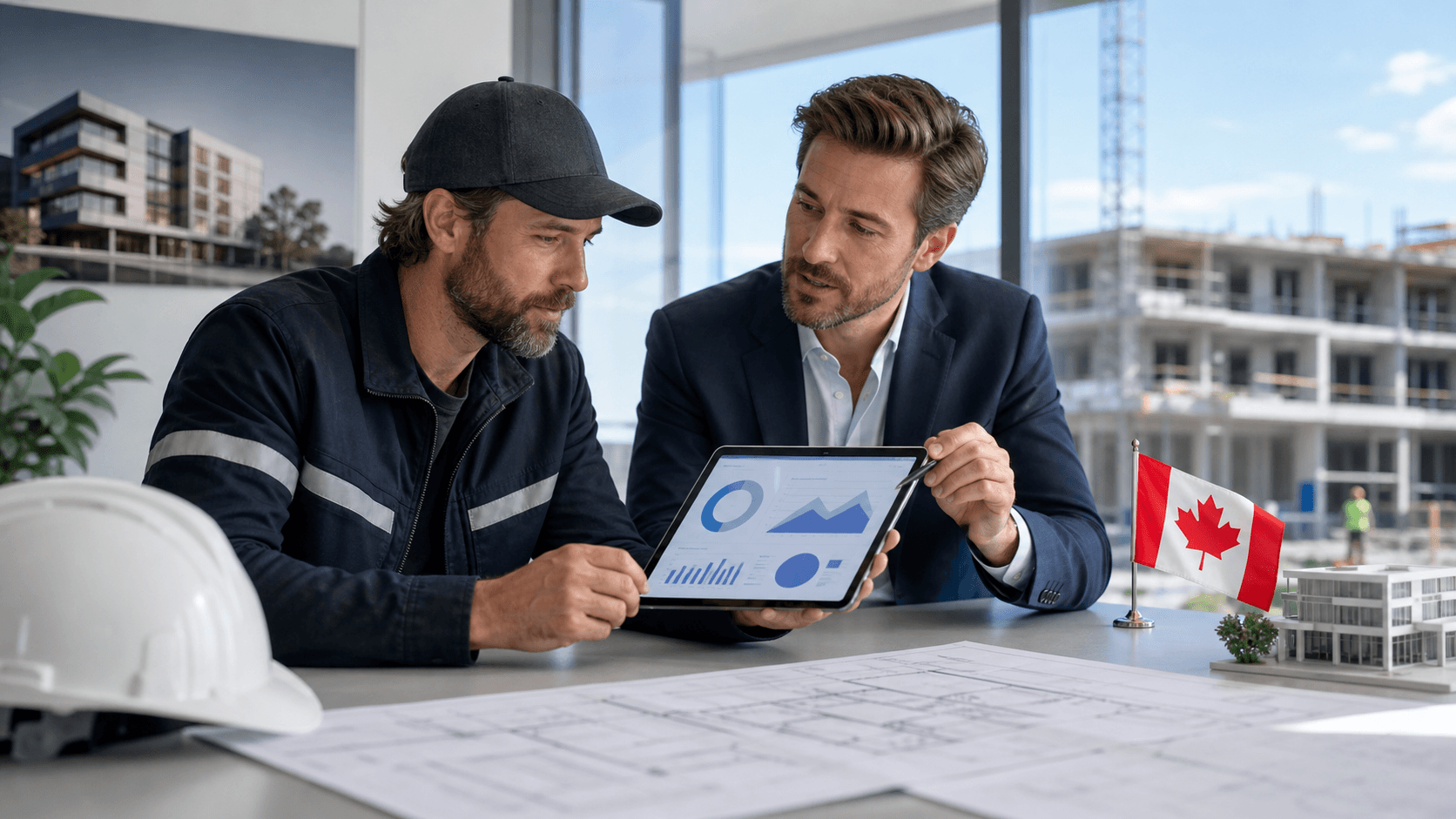 Canadian contractor in a hard hat reviews a glowing AI analytics dashboard on a laptop at a worksite.