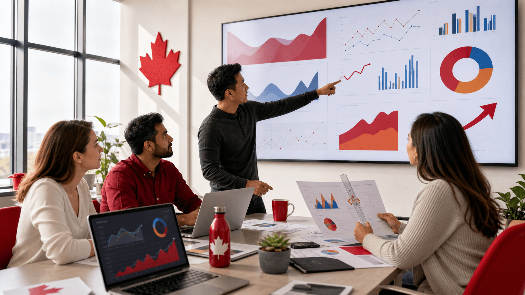 Laptop displaying colorful SEO charts beside a magnifying glass and upward graph on a blue desk.