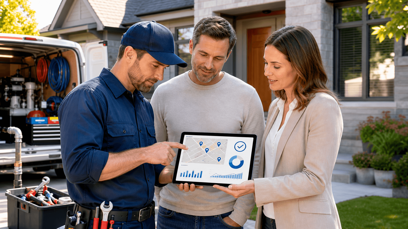 Glowing blue AI interface overlays a contractor reviewing local service data on a laptop in a workshop.