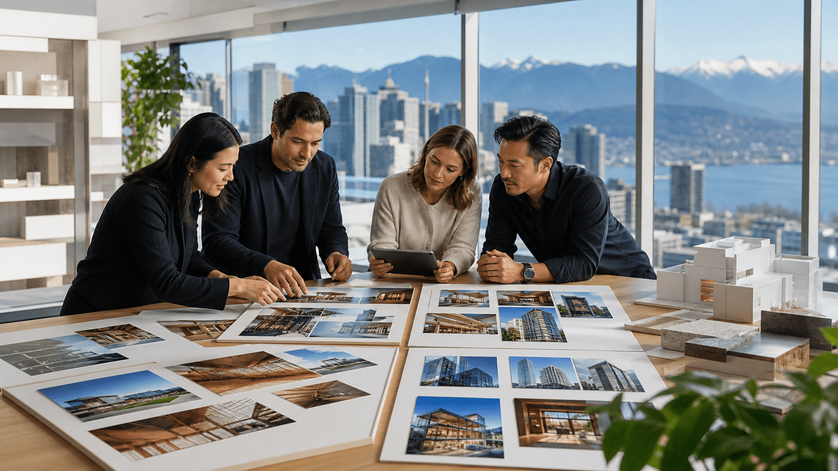 Modern Vancouver skyline beside a blue-toned architectural blueprint with glowing search icons.