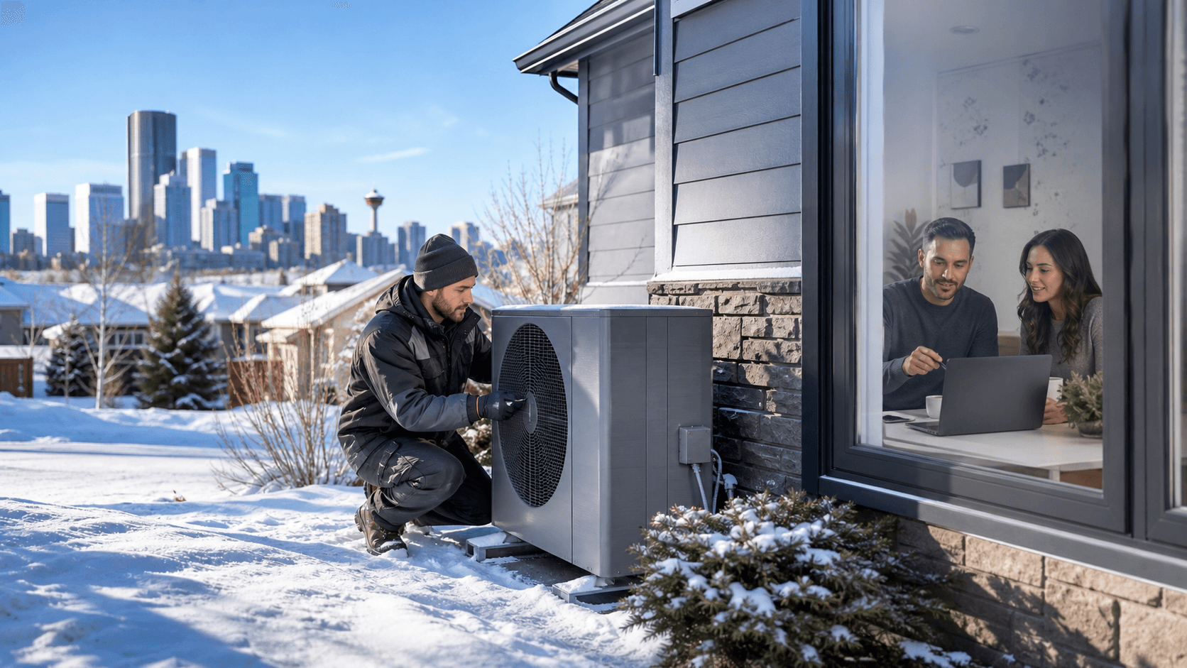 Snow-covered Calgary skyline with a glowing furnace thermostat and blue winter search icons in the foreground
