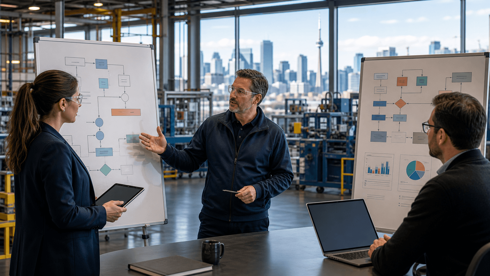Split office scene with a Toronto skyline, factory gears, and SEO charts in blue and orange tones.