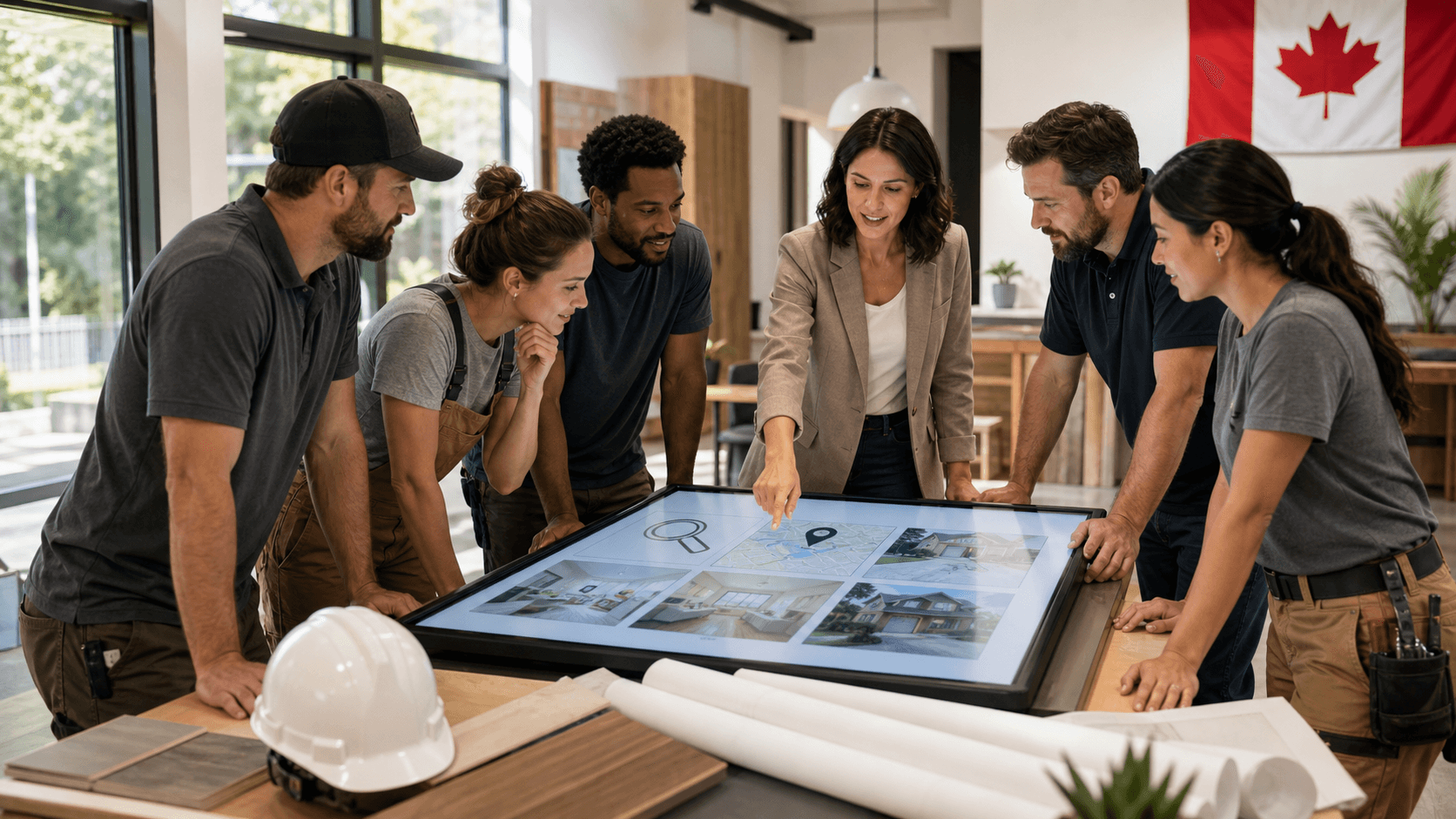 Blue-toned digital workspace with a contractor silhouette, search icons, and glowing AI network graphics.
