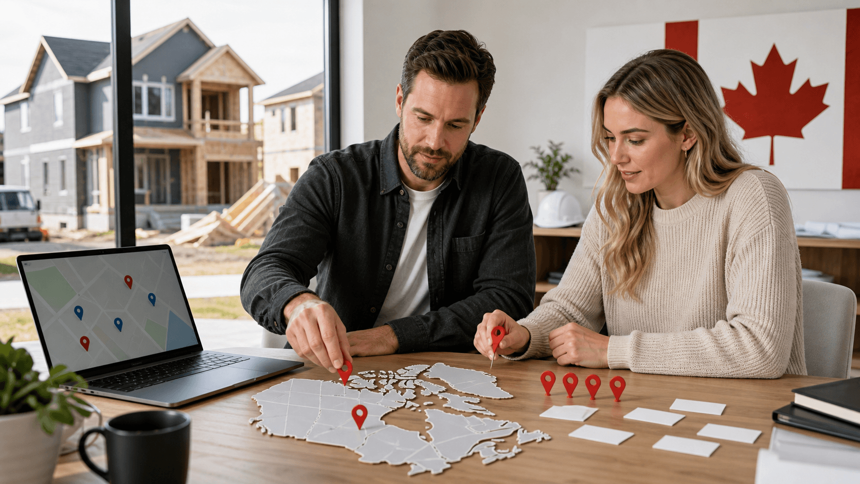 Canadian contractor reviews and map pins displayed on a laptop beside a hard hat and blueprints.