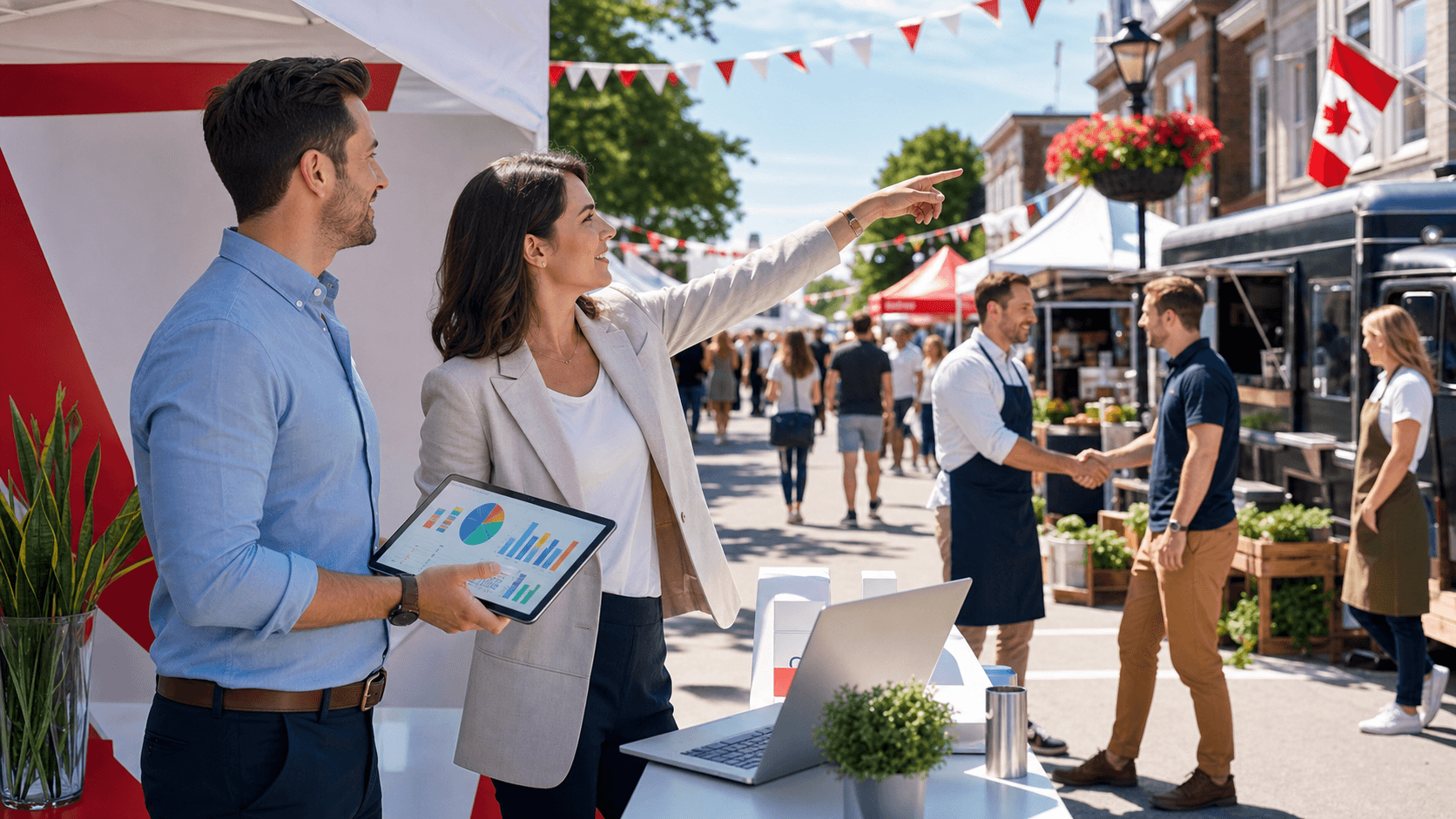 Sunlit Canadian street festival scene with red-and-white flags, market tents, and a smartphone showing a map