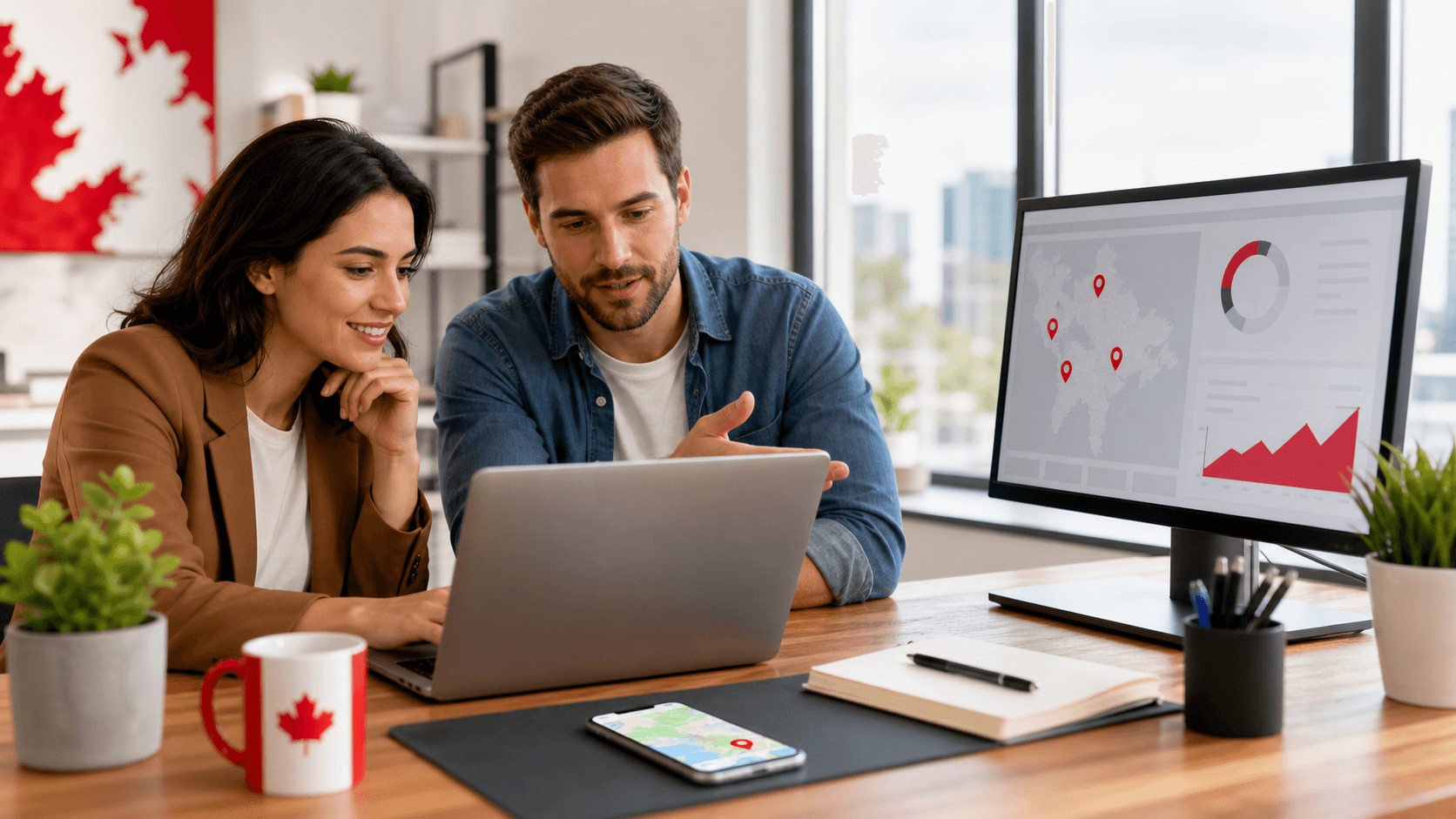 Laptop showing a redesigned website beside a maple leaf icon on a desk, with soft light and red accents