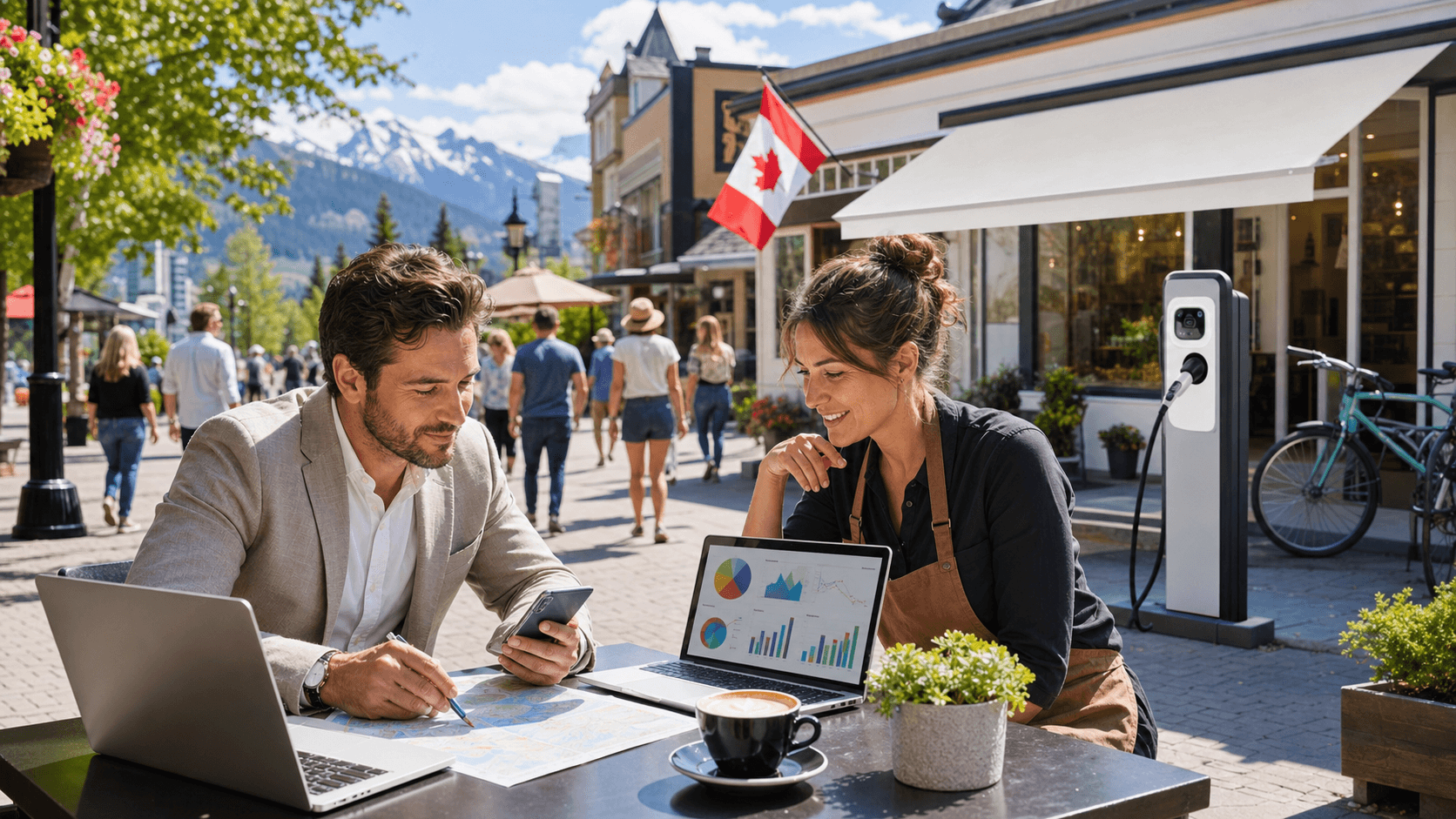 Sunlit Canadian street with red maple flags, storefronts, and tourists walking under a bright blue summer sky