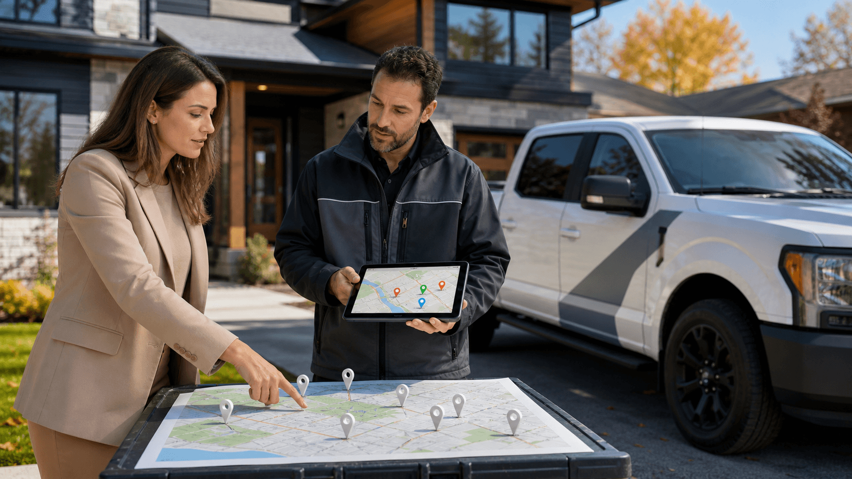 Contractor in hard hat reviews a map on a laptop beside a bright blue location pin.