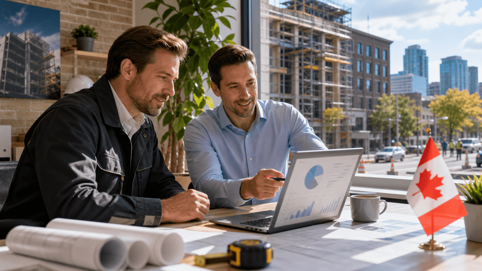 Canadian contractor in a hard hat reviews a digital AI search dashboard on a laptop at a worksite.