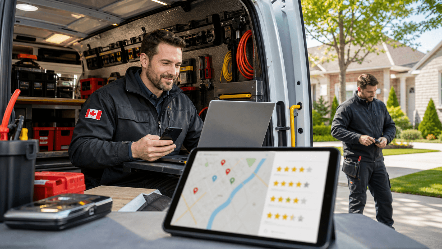 Red maple leaf road sign beside a laptop on a workbench, with warm light and soft-focus city map in background