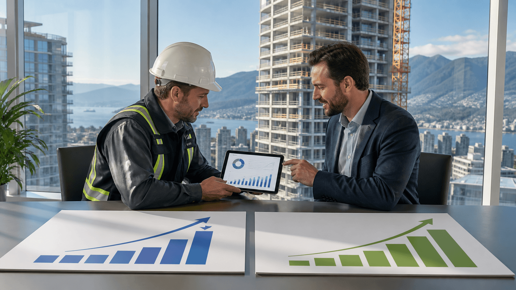 Split-screen Vancouver skyline with construction cranes, search icons, and glowing digital ad graphics.