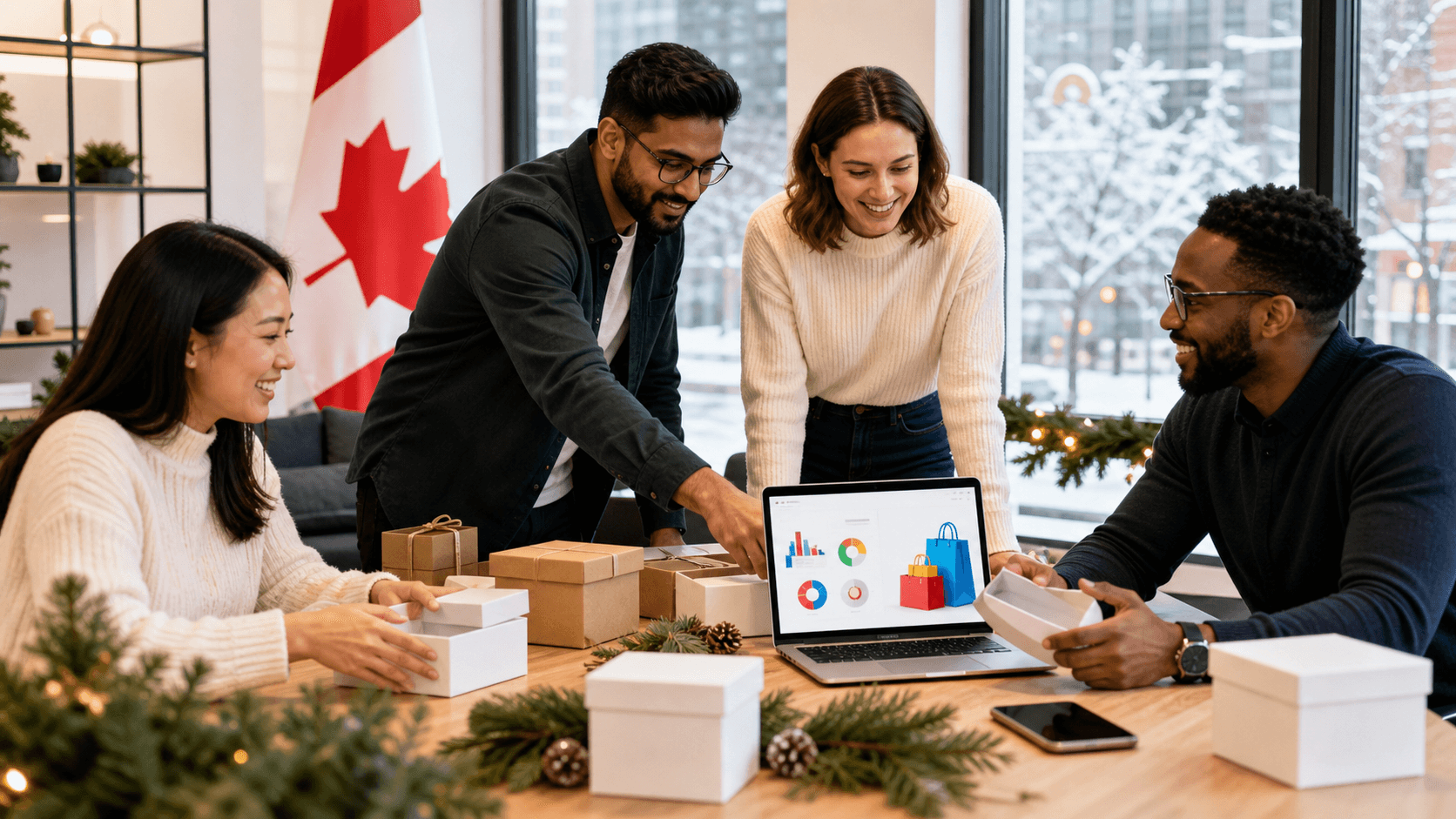 Canadian flag, laptop, smartphone, and holiday gifts arranged on a desk with warm festive lights.