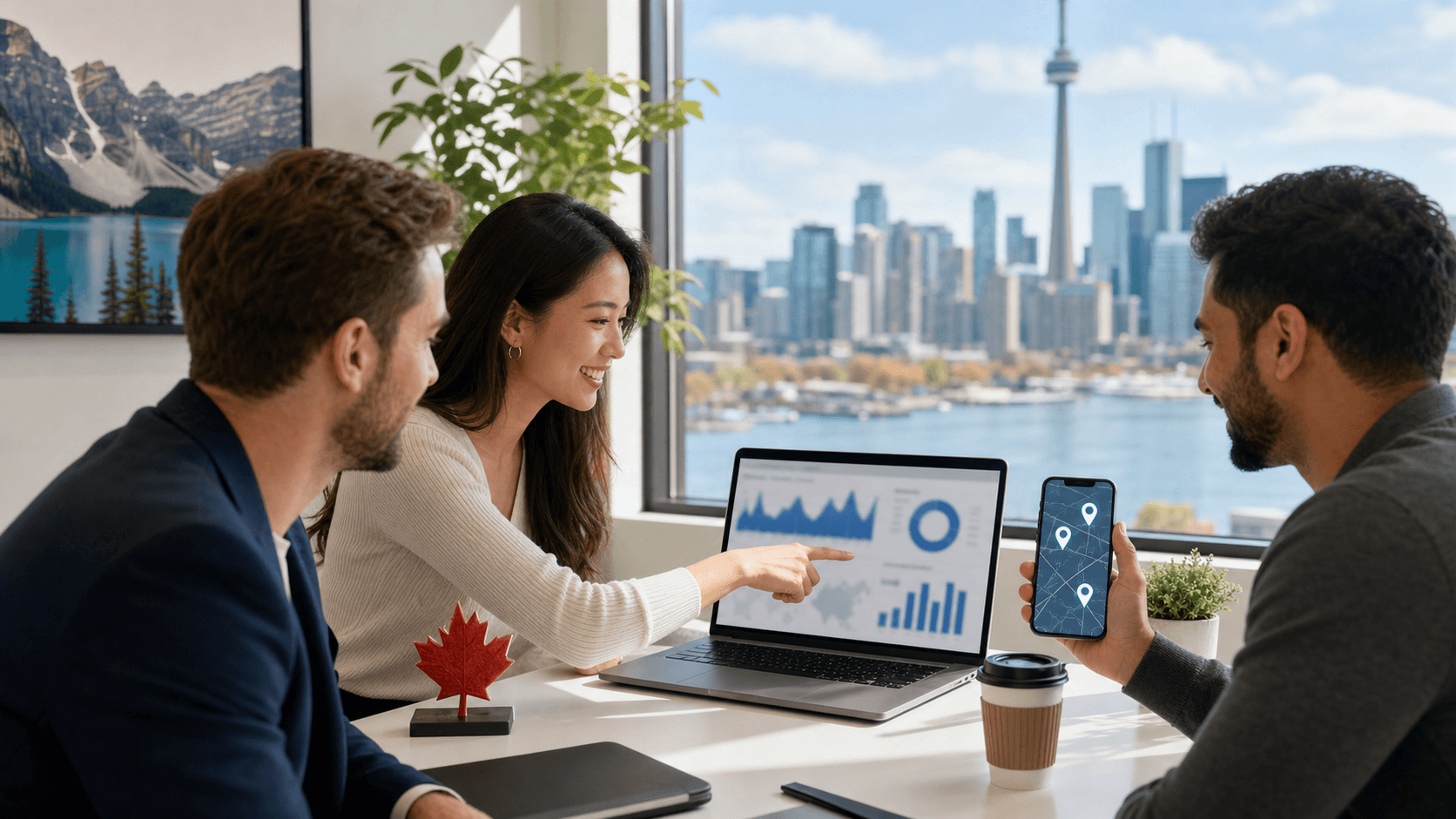 Red maple leaf over a city skyline with glowing location pins and upward graph line on a blue gradient background