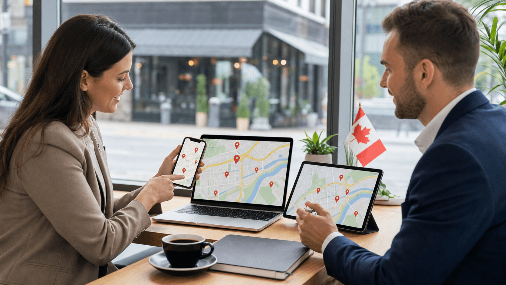 Smartphone showing a map with red location pins over a red-and-white Canadian flag background, bright flat design