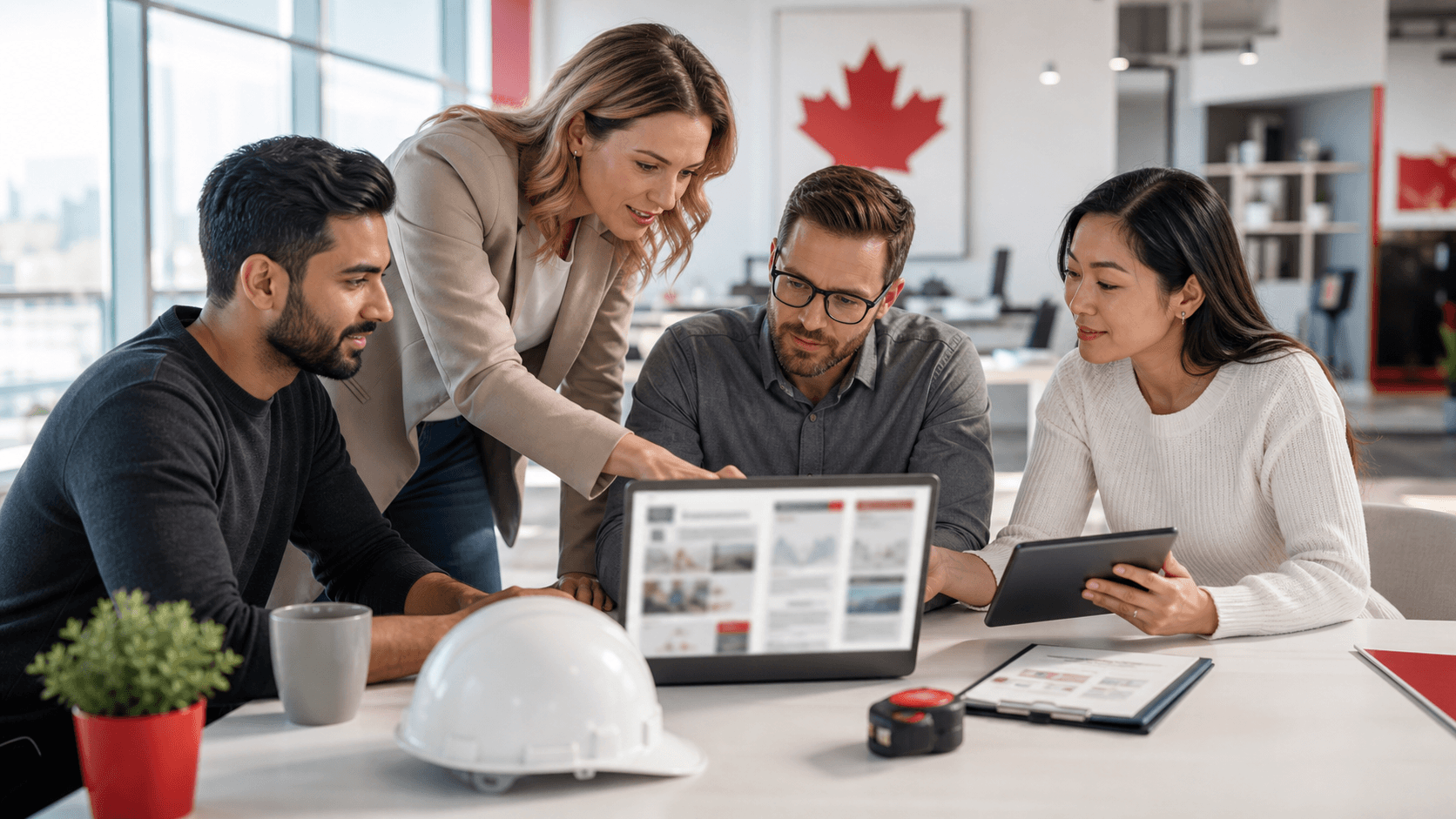 Contractor in hard hat points to a laptop with simple webpage icons, with tools on a bright blue background.
